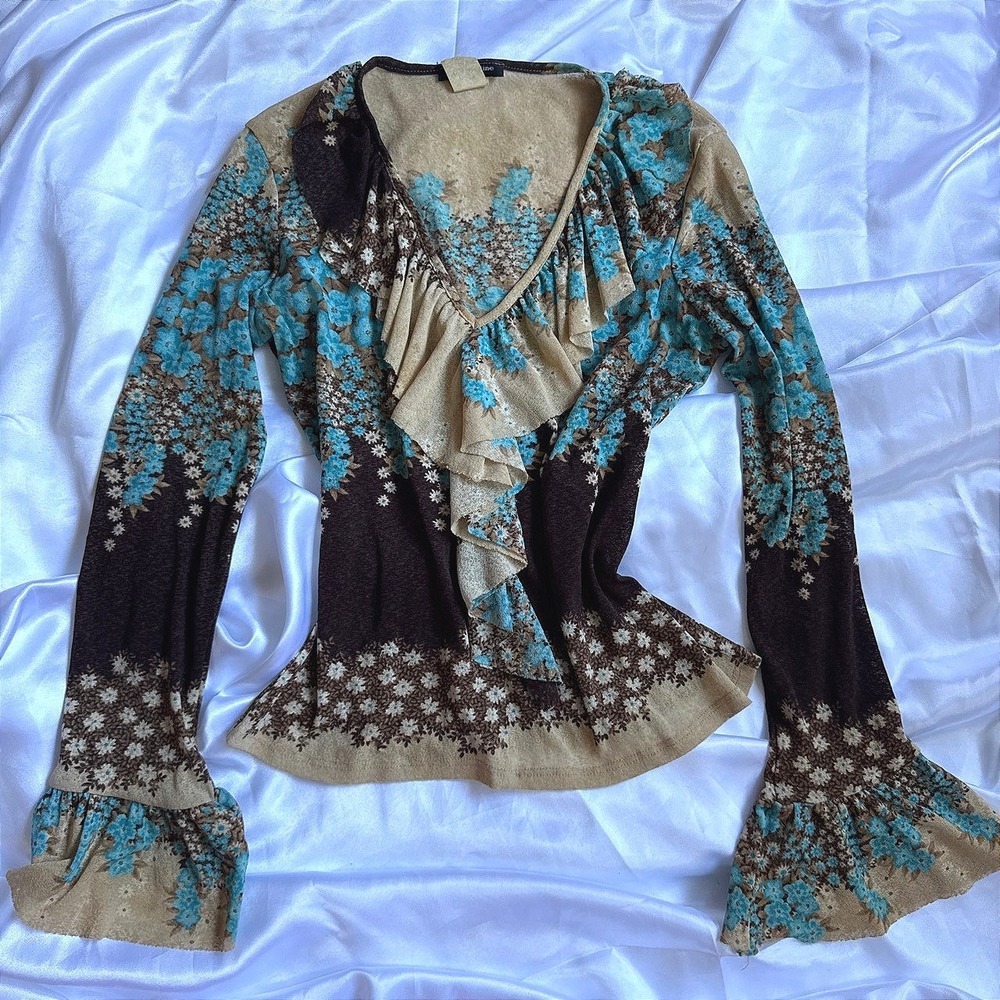 Kay Celine Floral Ruffle V-Neck Top Brown Blue Long Sleeve Bell Cuff Blouse
